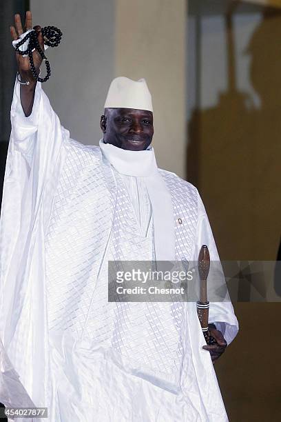 Gambia's President Yahya Jammeh arrives for a diner at the Elysee presidential palace in Paris, as part of the Elysee summit for peace and safety in...