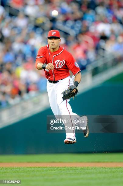 Ian Desmond of the Washington Nationals throws out Angel Pagan of the San Francisco Giants in the sixth inning at Nationals Park on August 23, 2014...