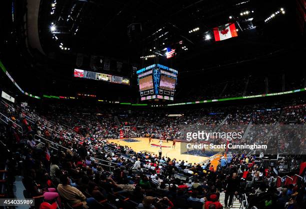 General view of the Philips Arena during the Atlanta Hawks game against the Cleveland Cavaliers on December 6, 2013 at Philips Arena in Atlanta,...