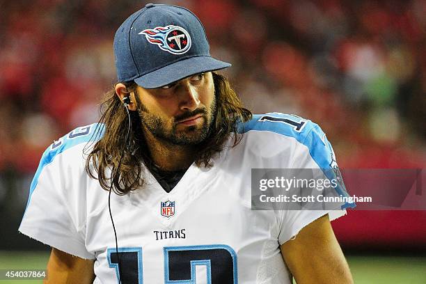 Charlie Whitehurst of the Tennessee Titans stands on the sidelines in the first half of a preseason game against the Atlanta Falcons at the Georgia...