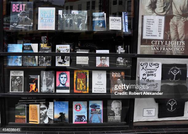 Window display features books for sale at City Lights Bookstore in San Francisco's North Beach community. The bookstore was popular among members of...