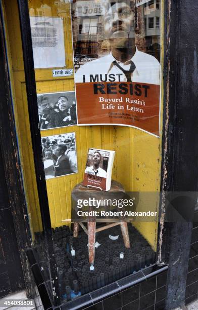 Window display at City Lights Bookstore in San Francisco's North Beach community promotes s a book by civil rights activitst Bayard Rustin. The...
