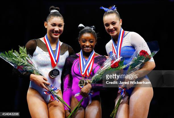 Simone Biles , Kyla Ross , and Maggie Nichols pose for a photo on the podium after accepting their medals in the senior women finals during the 2014...