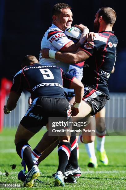 Jared Waerea-Hargreaves of the Roosters charges forward during the round 24 NRL match between the New Zealand Warriors and the Sydney Roosters at Mt...