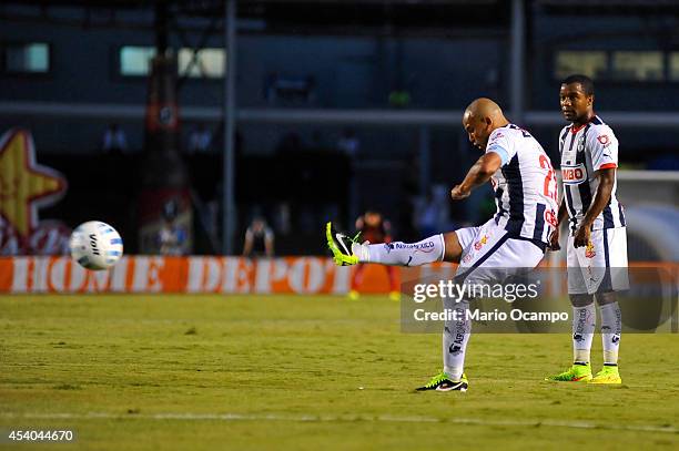 Humberto 'Chupete' Suazo of Monterrey kicks a free throw during a match between Monterrey and Puebla as part of 6th round Apertura 2014 Liga MX at...