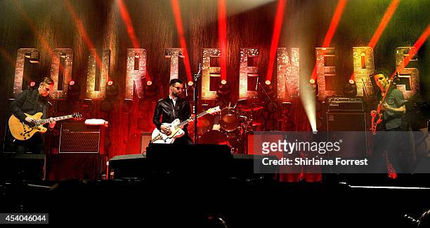 Liam Fray, Daniel 'Conan' Moores and Mark Cuppello of the Courteeners perform on Day 2 of the Leeds Festival at Bramham Park on August 23, 2014 in...