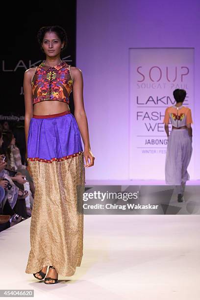 Model showcases designs by Soup by Sougat Paul during day 4 of Lakme Fashion Week Winter/Festive 2014 at The Palladium Hotel on August 23, 2014 in...