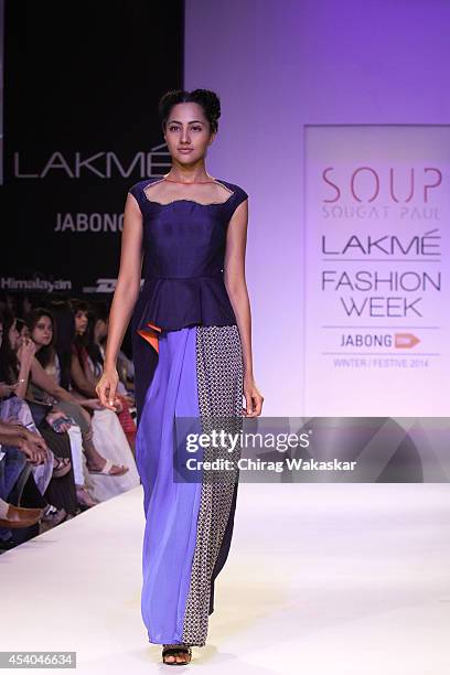 Model showcases designs by Soup by Sougat Paul during day 4 of Lakme Fashion Week Winter/Festive 2014 at The Palladium Hotel on August 23, 2014 in...