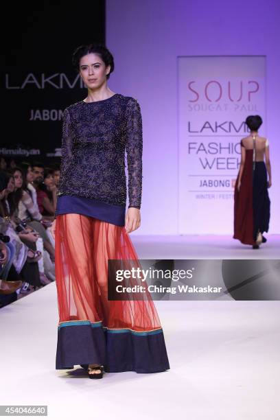 Model showcases designs by Soup by Sougat Paul during day 4 of Lakme Fashion Week Winter/Festive 2014 at The Palladium Hotel on August 23, 2014 in...