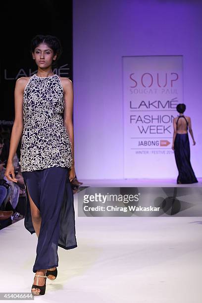 Model showcases designs by Soup by Sougat Paul during day 4 of Lakme Fashion Week Winter/Festive 2014 at The Palladium Hotel on August 23, 2014 in...