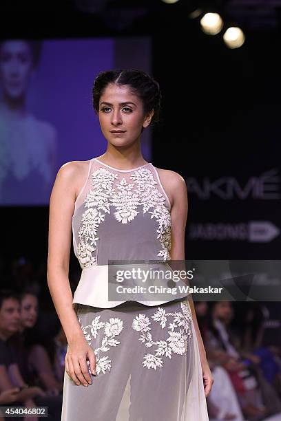 Model showcases designs by Soup by Sougat Paul during day 4 of Lakme Fashion Week Winter/Festive 2014 at The Palladium Hotel on August 23, 2014 in...