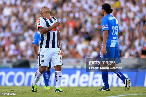 Humberto 'Chupete' Suazo of Monterrey reacts during a match between Monterrey and Puebla as part of 6th round Apertura 2014 Liga MX at Tecnologico...