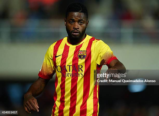 Alex Song of Barcelona reacts during the Copa del Rey, Round of 32 match between FC Cartagena and FC Barcelona at Estadio Cartagonova on December 06,...