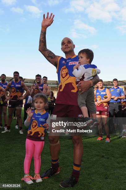 Ashley McGrath of the Lions acknowledges the crowd after the round 22 AFL match between the Brisbane Lions and the Fremantle Dockers at The Gabba on...