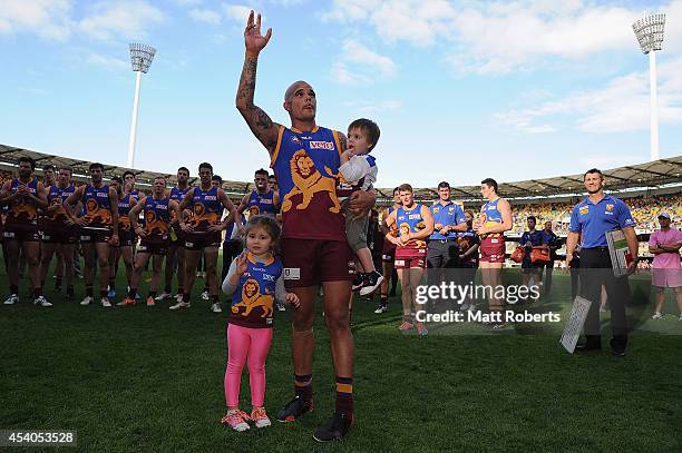 Ashley McGrath of the Lions acknowledges the crowd after the round 22 AFL match between the Brisbane Lions and the Fremantle Dockers at The Gabba on...