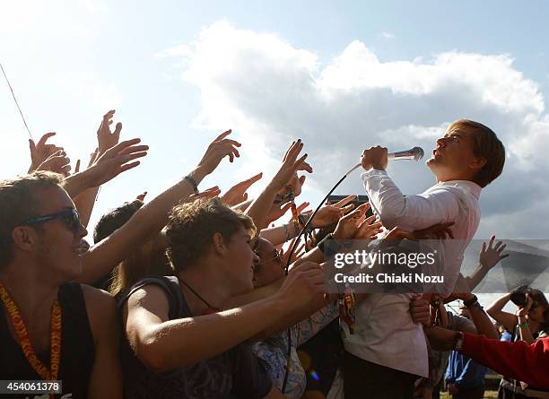 Howlin' Pelle Almqvist of The Hives performs on Day 2 of the Reading Festival at Richfield Avenue on August 23, 2014 in Reading, England.