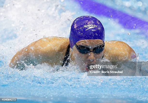 Jemma Lowe of Great Britain competes in the women's 4x100m medley heats during day 12 of the 32nd LEN European Swimming Championships 2014 at...