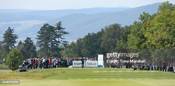 Jamie Donaldson of Wales plays his first shot on the 5th tee during day four of D+D REAL Czech Masters at Albatross Golf Resort on August 24, 2014 in...