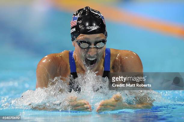 Breeja Larson of the United States swims in the Women's 200m Breaststroke Final during day four of the 2014 Pan Pacific Championships at Gold Coast...