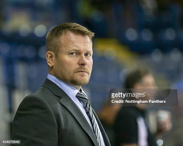 Lulea Hockeyat Coach Joakim Fagervall looks on before the start of the Champions Hockey League group stage game between Nottingham Panthers and Lulea...