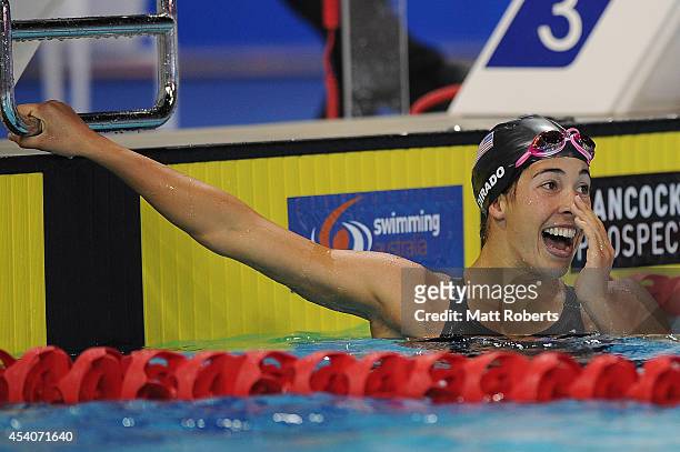 Maya Dirado of the United States celebrates winning the Women's 200m Individual Medley Final during day four of the 2014 Pan Pacific Championships at...