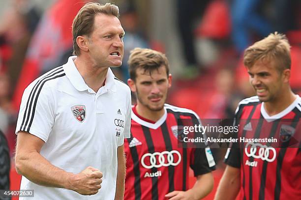 Ralph Hasenhuettl, head coach of Ingolstadt celebrates winning the Second Bundesliga match between FC Ingolstadt and Greuther Fuerth at Audi...