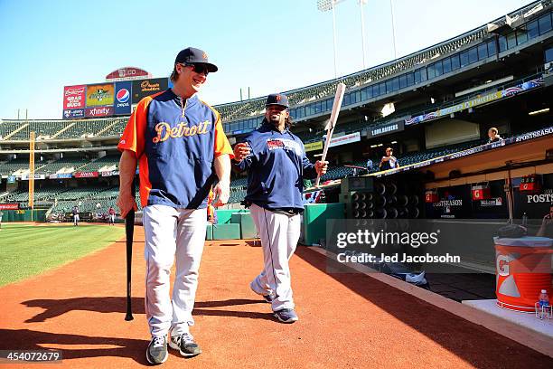 Prince Fielder of the Detroit Tigers talks during batting practice before Game Five of the American League Division Series on Thursday, October 10,...