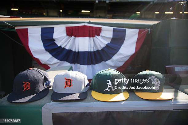 Detail shot of New Era hats before Game One of the American League Division Series between the Oakland Athletics and the Detroit Tigers on Friday,...