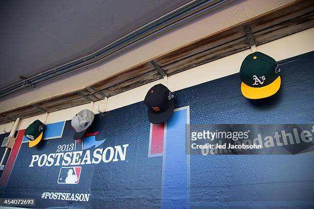 Detail shot of New Era hats before Game One of the American League Division Series between the Oakland Athletics and the Detroit Tigers on Friday,...