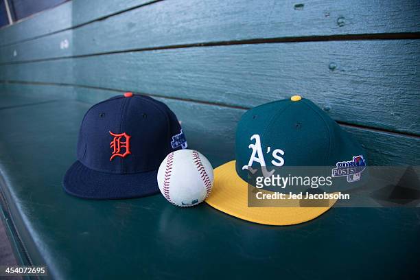 Detail shot of New Era hats before Game One of the American League Division Series between the Oakland Athletics and the Detroit Tigers on Friday,...