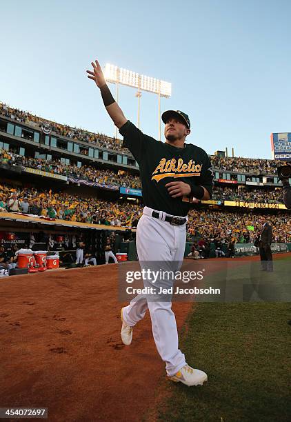 Josh Donaldson of the Oakland Athletics is introduced during Game One of the American League Division Series against the Detroit Tigers on Friday,...