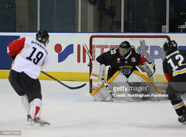 Daniel Mannberg of Lulea Hockey hits the goal post during the Champions Hockey League group stage game between Nottingham Panthers and Lulea Hockeyat...