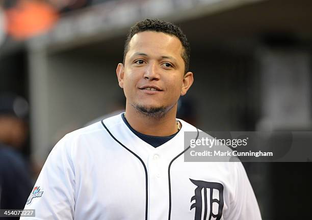 Miguel Cabrera of the Detroit Tigers looks on from the dugout during Game Four of the American League Division Series against the Oakland Athletics...