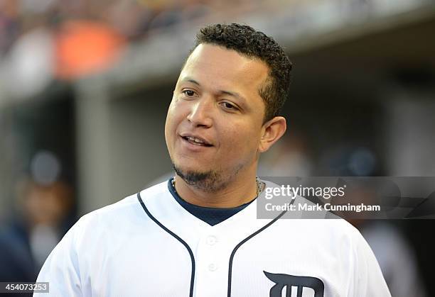 Miguel Cabrera of the Detroit Tigers looks on from the dugout during Game Four of the American League Division Series against the Oakland Athletics...