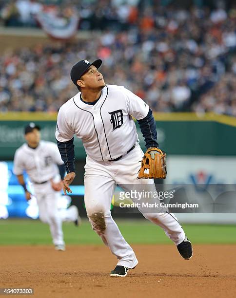 Miguel Cabrera of the Detroit Tigers fields during Game Four of the American League Division Series against the Oakland Athletics at Comerica Park on...