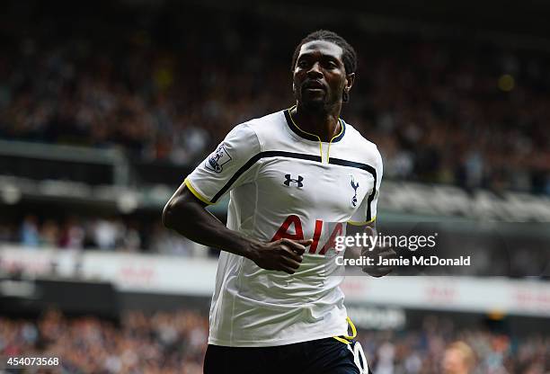 Emmanuel Adebayor of Spurs turns away after scoring his goal during the Barclays Premier League match between Tottenham Hotspur and Queens Park...