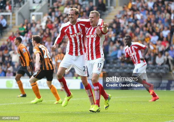 Ryan Shawcross of Stoke City celebrates with team mate Peter Crouch after scoring the equalising goal during the Barclays Premier League match...