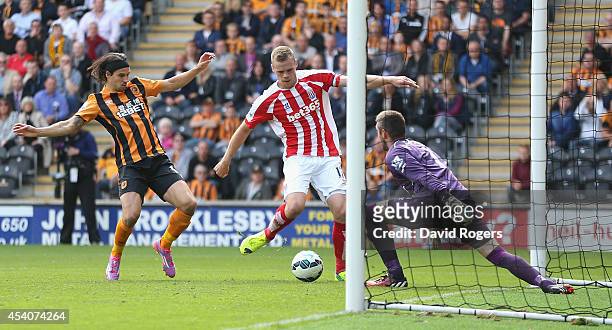 Ryan Shawcross of Stoke City scores the equalising goal during the Barclays Premier League match between Hull City and Stoke City at the KC Stadium...