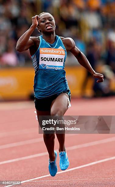 Myriam Soumare of France in action in the Women's 100m during the Diamond League at Alexander Stadium on August 24, 2014 in Birmingham, England.