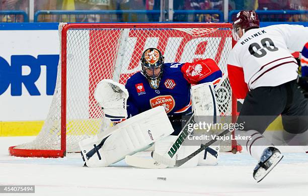 Tomas Rolinek of Sparta Prague is about to score on Christopher Nihlstorp Goaltender of Växjö Lakers to make it 1-0 during the Champions Hockey...