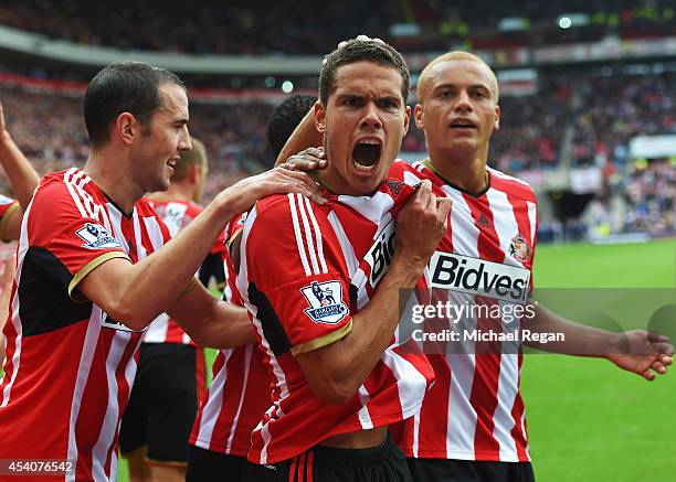 Jack Rodwell of Sunderland celebrates scoring his goal during the Barclays Premier League match between Sunderland and Manchester United at Stadium...