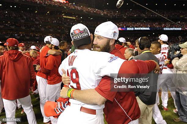 The St. Louis Cardinals celebrate after defeating the Los Angeles Dodgers to win the National League pennant and Game Six of the National League...