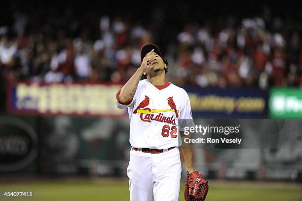 Carlos Martinez of the St. Louis Cardinals reacts after retiring the three batters he faced in the eighth inning during Game Six of the National...