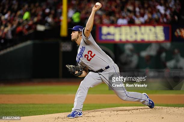 Clayton Kershaw of the Los Angeles Dodgers pitches during Game Six of the National League Championship Series against the St. Louis Cardinals on...