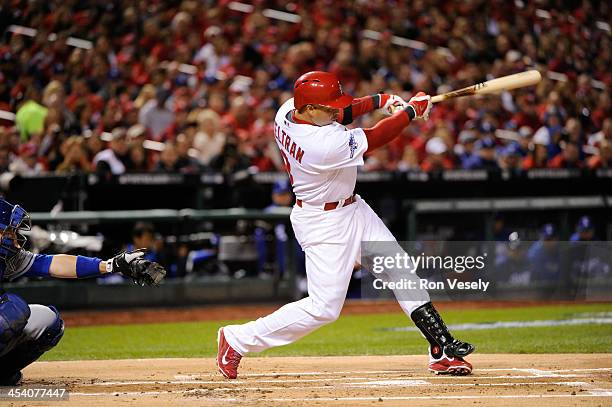 Carlos Beltran of the St. Louis Cardinals bats during Game Six of the National League Championship Series against the Los Angeles Dodgers on Friday,...