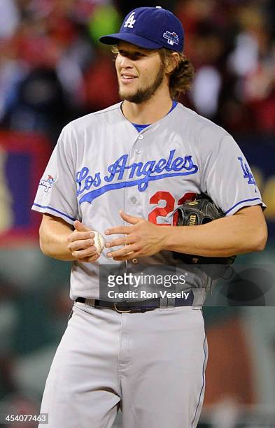 Clayton Kershaw of the Los Angeles Dodgers pitches during Game Six of the National League Championship Series against the St. Louis Cardinals on...