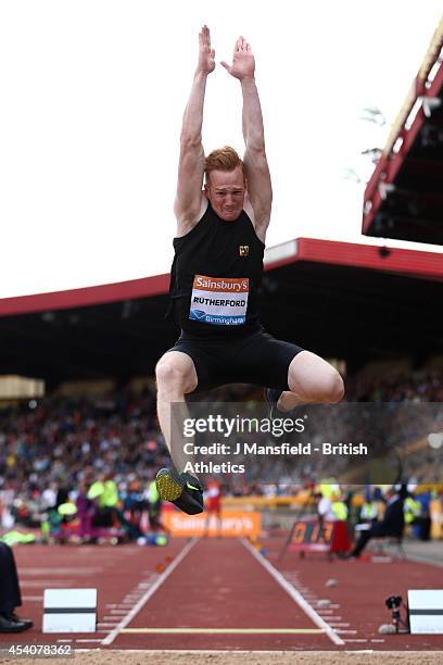 Greg Rutherford of Great Britain jumps in the Men's Long Jump during the Sainsbury's Birmingham Grand Prix Diamond League event at Alexander Stadium...