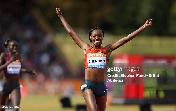 Mercy Cherono of Kenya celebrates winning the Women's 2 Mile event during the Sainsbury's Birmingham Grand Prix Diamond League event at Alexander...