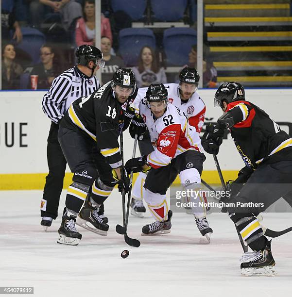 Chris Lawrence of Nottingham Panthers and Karl Fabricius of Lulea compete during the Champions Hockey League group stage game between Nottingham...