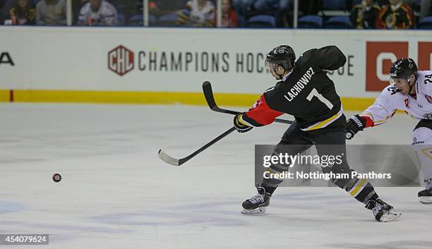 Robert Lachowicz of Nottingham Panthers shoots during the Champions Hockey League group stage game between Nottingham Panthers and Lulea Hockeyat at...